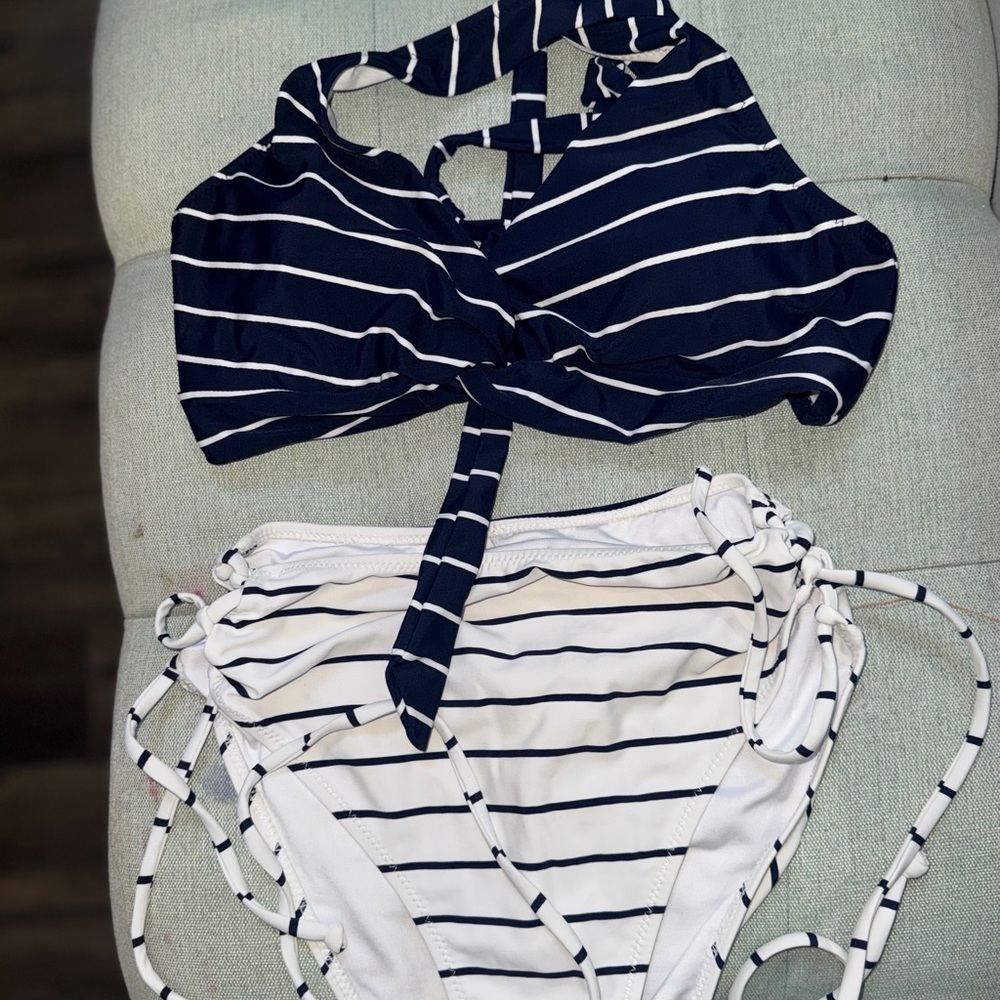 Cupshe Navy and White Striped Bikini